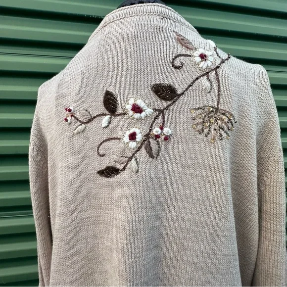 Coldwater Creek Beige Cardigan Floral Embroidery Cottagecore Cabincore.  Sz L - Picture 11 of 16